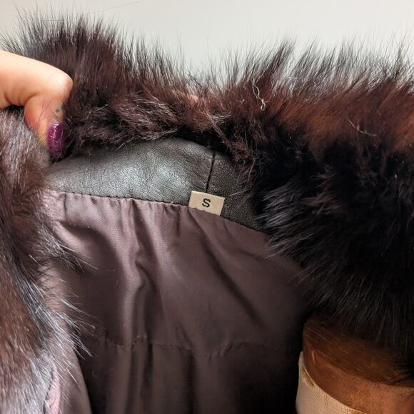 Vintage Black Leather Trench Coat Fur Penny Lane Jacket Goth Minimalist Large - Picture 10 of 11